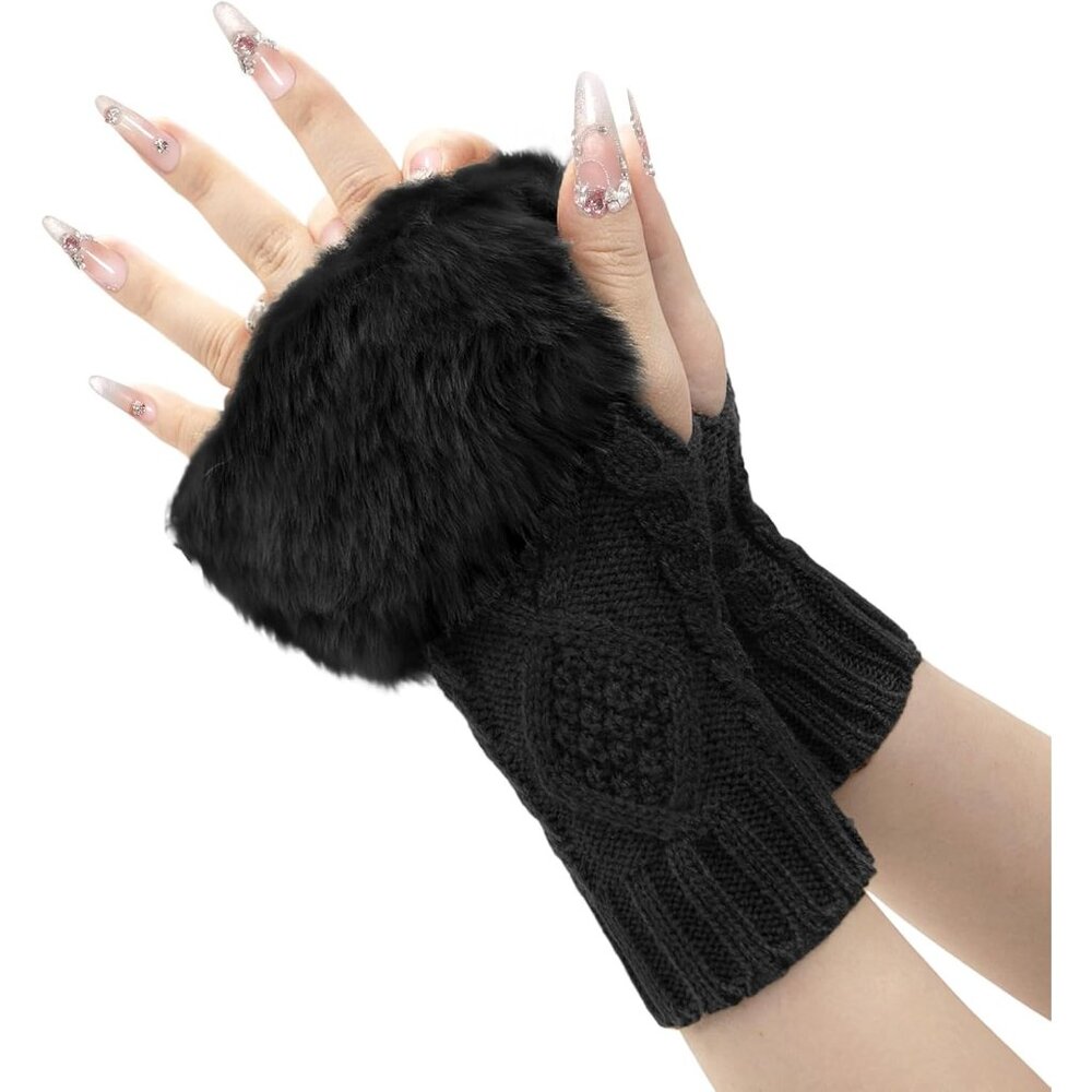 Women's Black Faux Fur Crochet Fingerless Knitted Stretchy Wrist Warmers Gloves